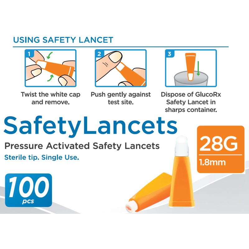 GlucoRx 28 g/1.8 mm Safety Lancets, 100 Pack, 5060342240583