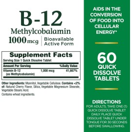 Nestle Health Science Nature's Bounty Vitamin B12 1000mcg Quick Dissolve Cherry Tablets, Energy, 60 Ct