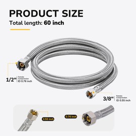 JUWO 60" Faucet Supply Line, 3/8" Comp x 1/2" FIP Stainless Steel Kitchen Faucet Hose Connector, For Large Residence or Outdoor Use with Extra Long Distance (2-Pack)