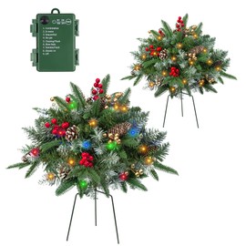 QIANF Set of 2 Pre-lit Artificial Christmas Trees with Multi-Color Lights, Golden & Red Berries, Cones, Battery Operated Lighted Front Porch Urn Filler Outdoor Christmas Decorations for Yard Pathway