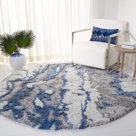 SAFAVIEH Horizon Shag Collection Area Rug - 5' Round, Grey & Blue, Modern Abstract Design, Non-Shedding & Easy Care, 2-inch Thick Ideal for High Traffic Areas in Living Room, Bedroom (HZN890G)