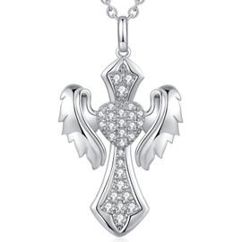 Angel Wings Cross Necklace Silver Wings Cross Necklace Womens Cross Necklace White Gold Silver Cross Wings Necklace Women Angel Wings Cross Necklace for Women Sterling Silver Cross Angel Wings Necklace,Wings Cross Necklace for Women Heart With Angel Wing