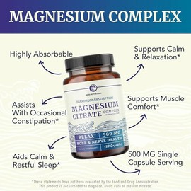 Magnesium Citrate 500 MG (120ct) for Calm & Relaxation | High Absorption Magnesium Supplement with Elemental Mag Oxide | Constipation & Digestion Supp