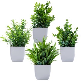 Meinature Artificial Plants, 4 Pack Small Faux Plants in White Pots for Home Decor (Green)