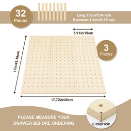 Kigley 3 Pcs Wood Pegboard Drawer Organizer with 32 Pegs Wooden Peg Board Drawer Shelf Organizer Adjustable Drawer Peg System for Dishes Plate Pot Container Cookware Utensil Kitchen (17 x 5.91 in)
