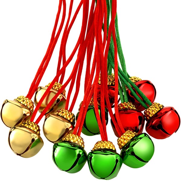 36 Pieces Christmas Bell Necklaces Christmas Holiday Necklaces Bell Necklaces with Ribbons for Holiday Party Accessories Stocking Stuffers (Gold, Red, Green)