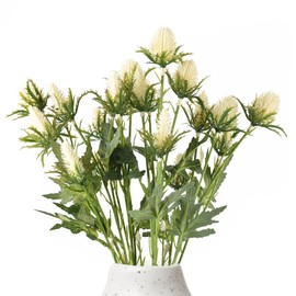 HUIANER Artificial Thistle Spray Eryngium Flowers 2pcs Artificial Real Touch Eryngium Artificial Sea Holly Flowers for Wedding Bridal Bouquet Wreath Table Centerpiece Outdoor Decor (White)
