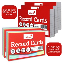Silvine Record Cards 5x3” Coloured and White Lined with Headline Bulk Mixed Pack of 500 | 2 x 100 Coloured and 3 x 100 White – Size Small 127 x 76mm EAP-53CWL-500