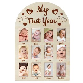 Wartter One Year Wooden Photo Board, 12 Month Milestone Photo Board, Girl/Boy 1st Birthday Decoration