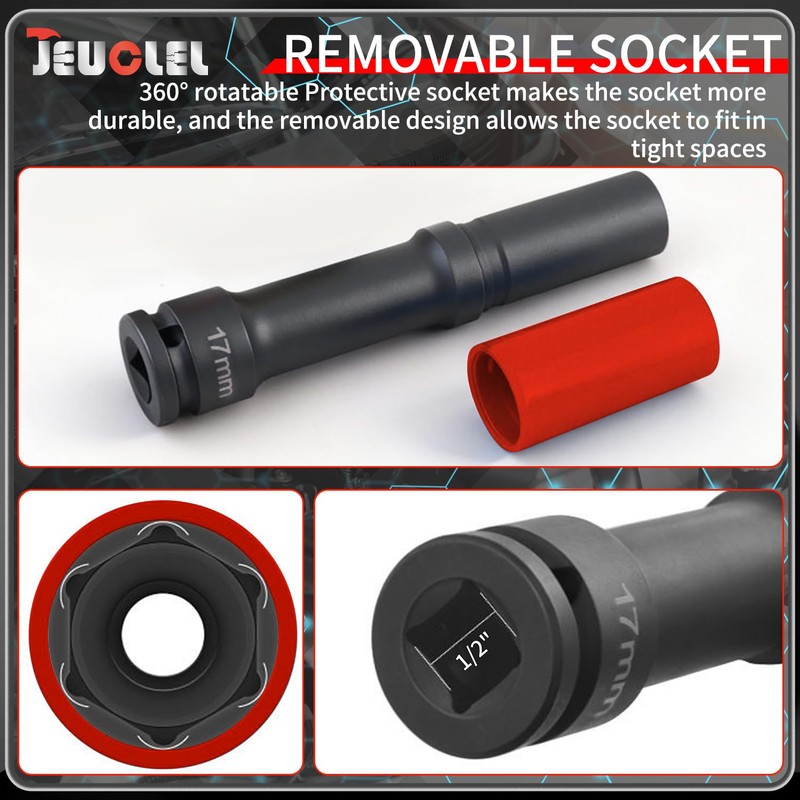 JEUCLEL 21mm 1/2"Extra-long Thin Wall Wheel Protector Impact Deep Socket,