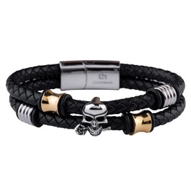 LUCKMAN Pulsera Hombre de Calavera, Acero Inoxidable con Baño de Oro 18k y Color Plata, Brazalete de Cuero Piel Vegana y Broche Magnético – Joyería y Accesorios para Hombre, Regalos para Hombre Originales y Regalos para Papá, Modelo Mason