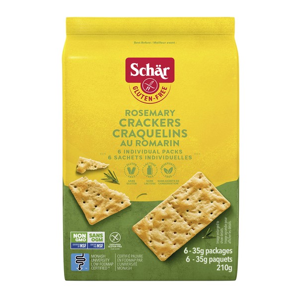 Schar Gluten-Free Rosemary Crackers - Non GMO, Lactose Free, Preservative-Free, Gluten-Free Table Crackers, 6 Individually Wrapped Packs, 210g