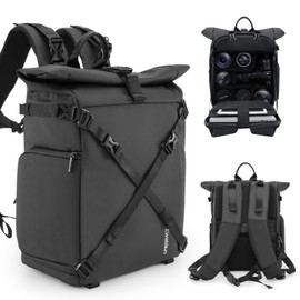 Cwatcun Waterproof Camera Backpack, Black Leather-coated Photography Travel Camera Bag Case with 4L Expansion Warehouse, Tripod and Drone Strap, 15.6" Laptop Compartment for Canon Nikon Sony SLR DSLR