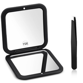 Geetery Travel Compact Magnifying Mirror with Tweezers, 1X/15X Magnification, 3.35'' x 3.35'' Pocket Size, Folding Makeup Mirror, Portable for Travel and Purses (Black)