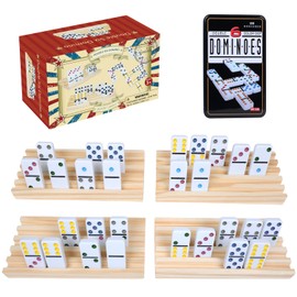 GOTHINK Dominos Set for Adults with 4 Wooden Trays/Racks, Double 6 Dominoes Set with 4 Tiles Holders, 28 Tile Colored Dot Dominos Games Set for Classic Family Board Games Suit for 2-4 Players