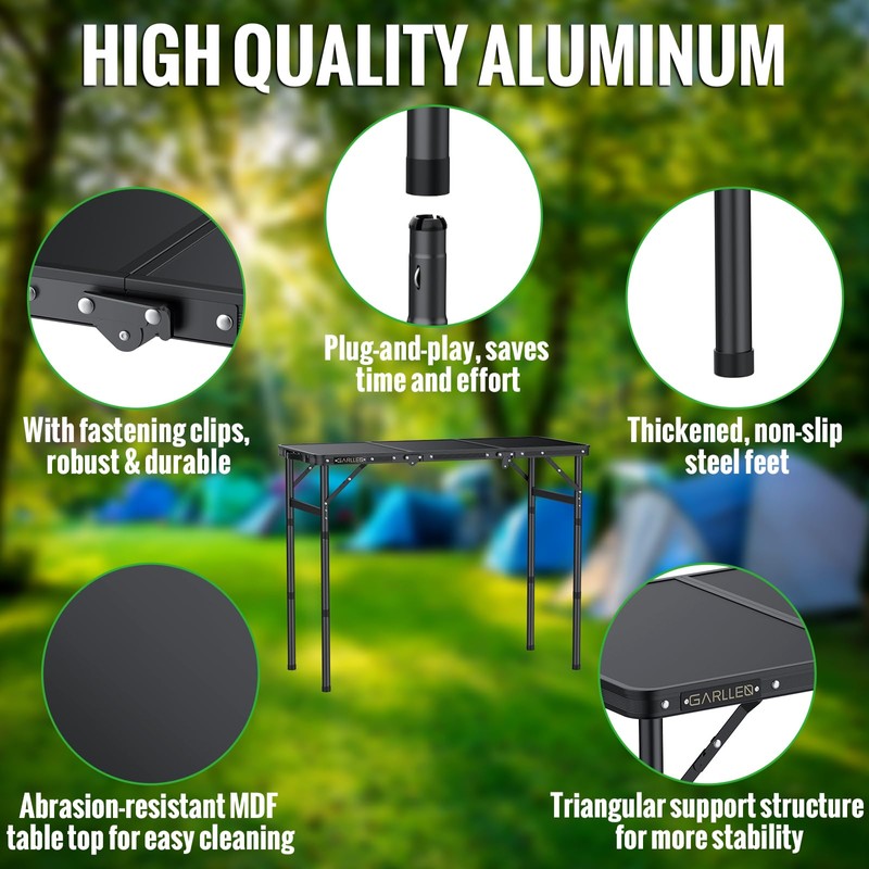 GARLLEN Folding Camping Table Max 27.5", 3-Height Adjustable Portable Camping