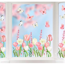 JarThenaAMCS Spring Tulip Window Clings Floral Butterfly Window Stickers Pink Flower Double-Side Glass Decals for Easter Home Birthday Wedding Party Classroom Decor, 7.9 x 11.8 Inch, 9 Sheets