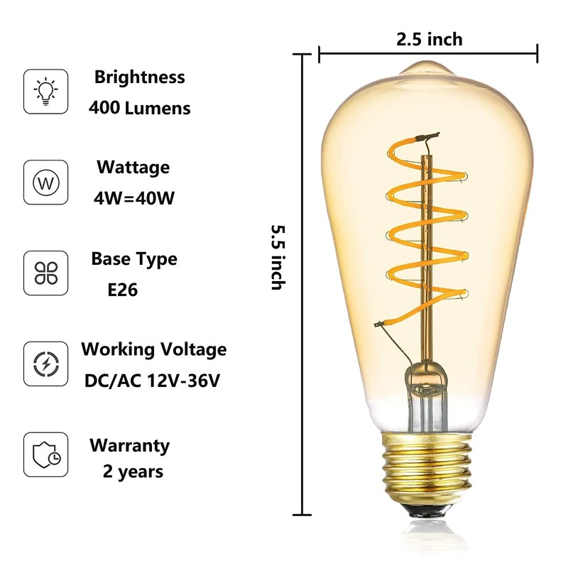 12V LED Edison Bulbs 40W Equivalent, Low Voltage 4W Vintage