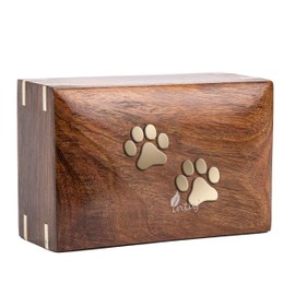 INTAJ Rosewood Pet Urn Peaceful Pet Memorial Keepsake Urn, Photo Box Cremation Urn for Dogs,Cats, Keepsake Urns for Ashes, Wooden Box Urn (Two Paws, S - 6x4x2.75)