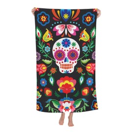 VOOHDDY - Toalla de playa con diseño floral de calavera mexicana, suave y absorbente, de microfibra de secado rápido, para baño, mujeres, hombres, niñas, piscina, camping, viajes, natación, picnic,