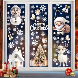 Christmas Window Stickers, 9 Sheets 3D Xmas Window Cling Decal White Double Sided Static Stickers Decoration with Santa,Snowman, Reindeer, Snowflakes