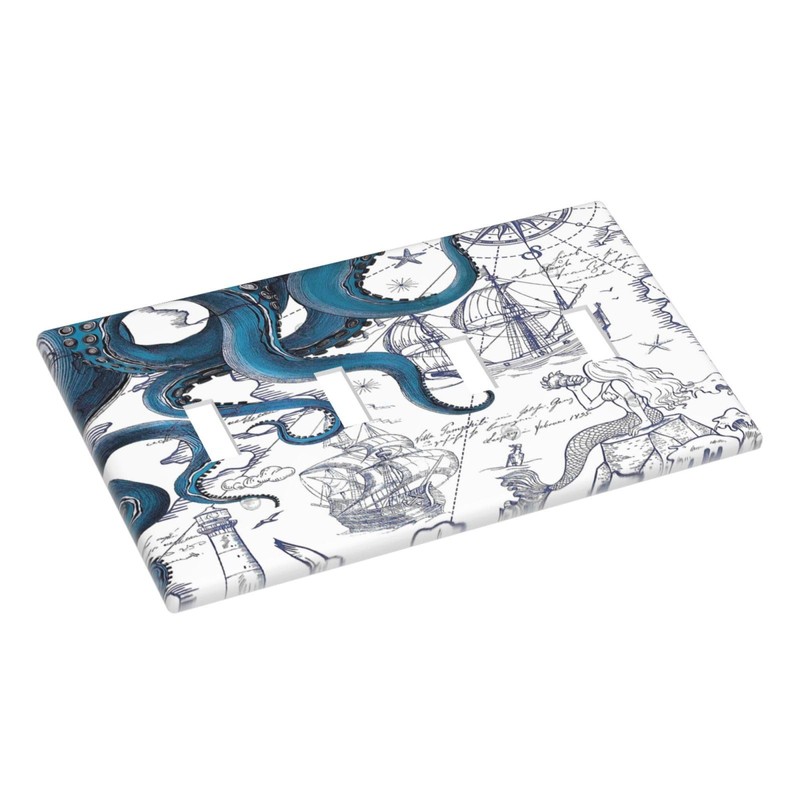 Funny Blue White Sketch Ocean Map Kraken Coastal Nautical Octopus