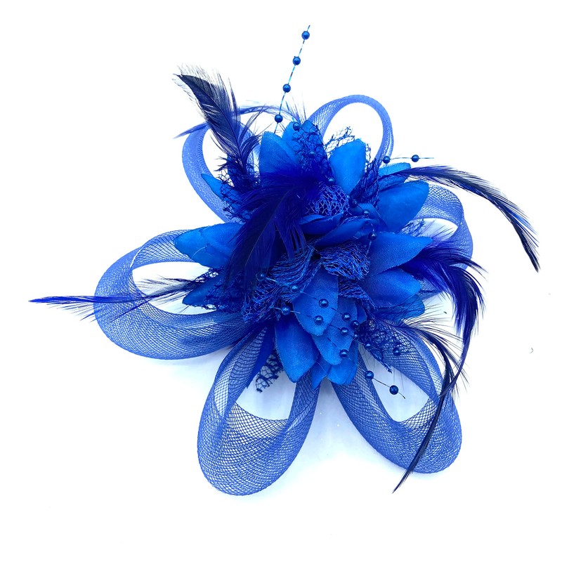 Ladies Beaded Feather Fascinator Clip/Headband Weddings, Races, Royal Ascot (Royal