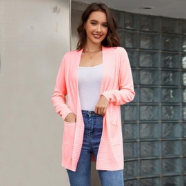 Women's Open Front Cardigan with Pockets Long Sleeve Casual Knit Sweaters Pink