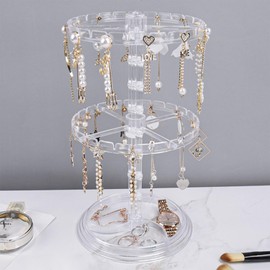 Acrylic Jewelry Stand Rotating Necklace Organizer, Clear 2-Tier Adjustable Necklace Holder with 48 Hooks, Bangles Necklaces Rings Earrings Spinning Display Stand Tree Tower for Women Girl White