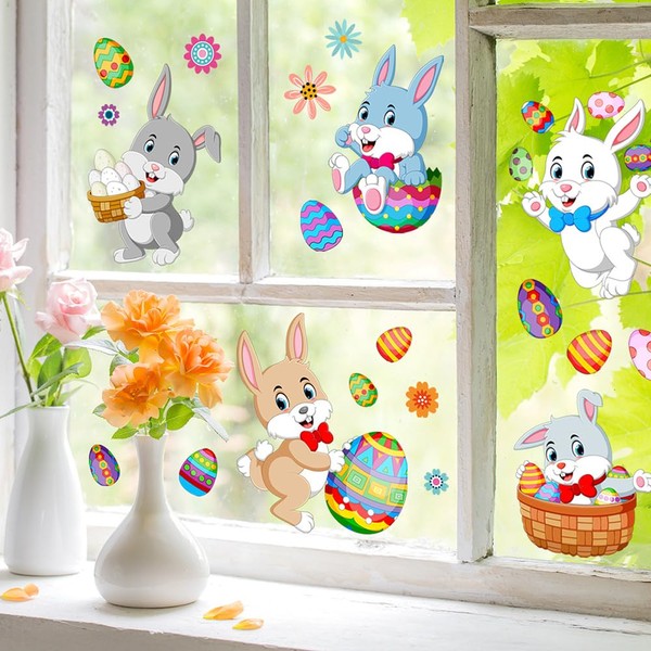 2 Sheets Easter Window Clings Window Stickers Wall Stickers,Cute Easter Egg Bunny Flowers Window Decals Wall Decals Cartoon Rabbits Eggs Wall Stickers Decor for Home Office School Party Decorations