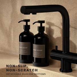 Verute 16oz Glass Soap Dispenser with Stainless Steel Pump, 21 Waterproof Labels, Non-slip Protective Silicone Pad, Set of 2 for Bathroom & Kitchen (Gloss Black Bottle/Black Pump)