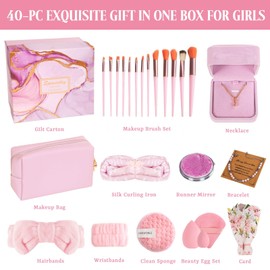 Luxury 40-Piece Makeup Gift Set with Cosmetic Tools, Jewelry & Gold Accents - Perfect Birthday, Valentine's Day Gift for Women, Teens, Girlfriend (Pink)