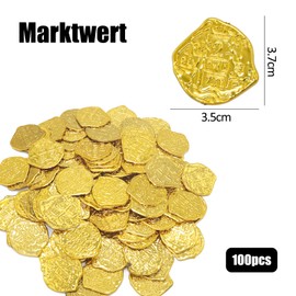 Lufdegim Pack of 100 Gold Coins Pirate Treasure Plastic Gold Coins Pirate Treasure Party Decorations Gold Taler Treasure Hunt Theme Events Pirate Children's Birthday Party