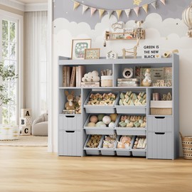 HORSTORS 55" W Toy Storage Organizer with Drawers, Large Kids Toy Storage Box with Removable Bins, Tall Kids Bookshelf and Bookcase for Boys and Girls, Modern Toy Chest for Playroom, Classroom, Grey