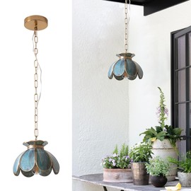 Yifi Mini Lotus Pendant Light Fixture, Vintage Brass Ceiling Pendant Lighting, Lotus Flower Glass Hanging Lamp for Kitchen Island, Dining Room, Living Room, Entryway, Shops, Mixing Blue Green