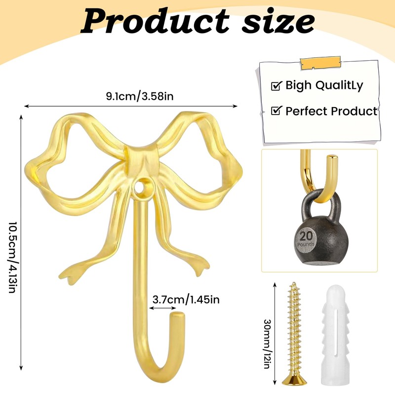 EIPTLOS Large Golden Bow Wall Hook - 2PCS Heavy Duty