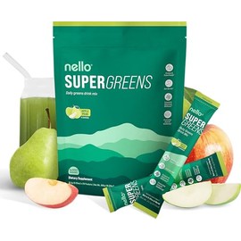 Nello Supergreens Superfood Drink Mix with Chlorella, Moringa, Spinach, Broccoli, Digestive Enzymes, and Probiotics – Apple Pear Flavor, 20 Servings, Travel Pack