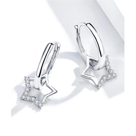 Hinvan 2 Paar Stern Ohrringe Silber 925 Creolen mit Anhänger Kreolen Ohrhänger für Damen Mädchen Hypoallergene Creolen Silber Ohrringe Hängend mit Stern Anhänger Sterne Ohrstecker mit Zirkonia