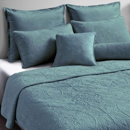Maison Atlas Velvet Quilt Maxi Set, Seven Pieces Ensemble, Charlotte Premium Heavy Velvet Collection, Cotton Backing, Cotton Batting, Full/Queen, Blue Green Slate
