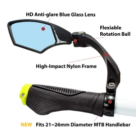Hafny Handlebar Bike Mirror – HD Glass, Wide Angle, Adjustable 360° Rear View – Shatterproof, Anti-Glare, Premium, MTB, E-Bike, and Commuter Cycling Safety, HF-MR095 (Anti-glare Blue Left)