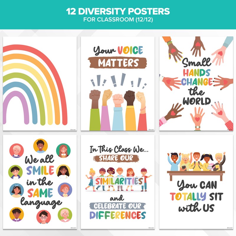 Decorably 12 Diversity Posters for Classroom, 11x14in Matte-Laminated Inspirational Inclusive