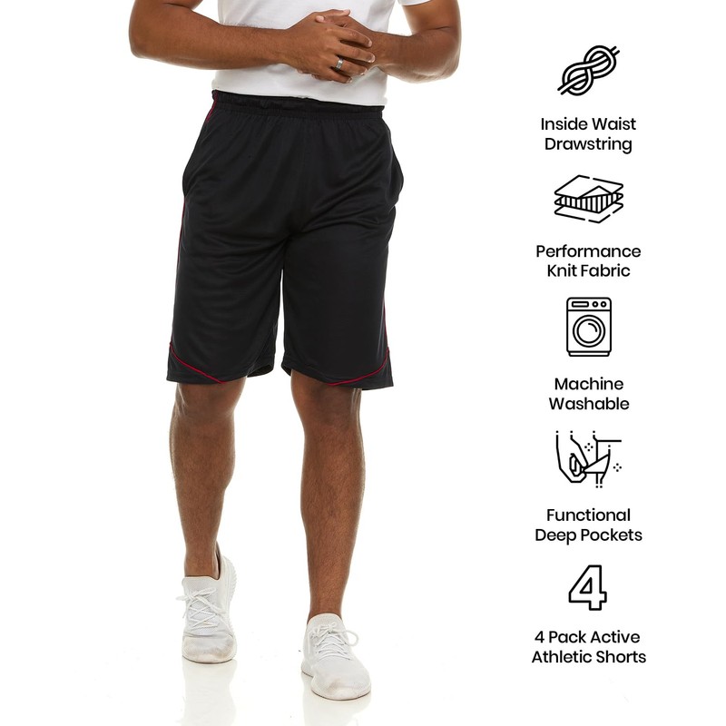 4 Pack: Men's Dry-Fit Sweat Resistant Active Athletic Performance Shorts