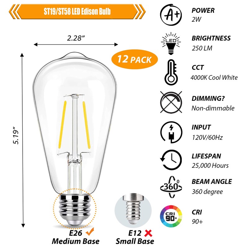 winsaLED 4000K Cool White LED Edison Bulbs 25W Equivalent, Low