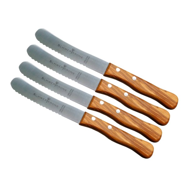 Schwertkrone Bread Knife Humpback Knife Bread Knife Butter Knife with Serrated Edge Wooden Handle Olive Wood Handle (Pack of 4)