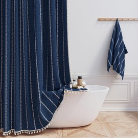 BTTN Stall Fabric Shower Curtain - 54x78 Boho Striped Linen Heavy Duty Tassel Shower Curtain Set with 10 Hooks, Narrow Rustic Modern Farmhouse Bohemian Thick Shower Curtains for Bathroom - Navy Blue