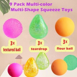 9 Pack Mini Stress Relief Set, Sensory Fidget Toy, Includes 3Textured Ball, 3 Water Drops,3 Dough Balls, Adult Stress Ball Set,Palm-Sized Mini Version, Stress Relief Slow Rebound