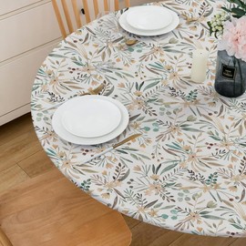 REDAMANCY Boho Flowers Green Vine Leaf Round Fitted Tablecloth with Elastic Edge Waterproof Oil Proof Table Cover Cloth Round Tables for Dinner, Outdoor, Picnic(Fitted to 45"-56" Diameter)