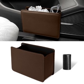 GLSOWEE Car Trash Can, Auto Leather Trash Bin Garbage Organizer Holder with One Roll Trash Bag, Mini Foldable Dustbin Storage Bag Container, Multi-Function Trash Box for Car SUV (Brown)