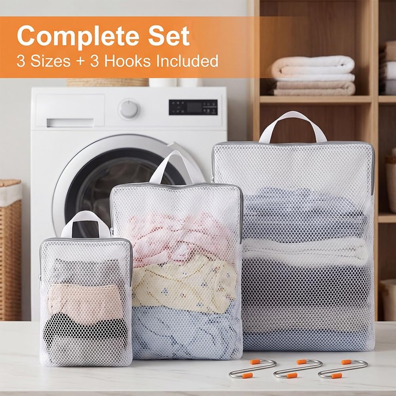 3Pcs Hanging Laundry Bags with S Hooks, 3 Different Size,