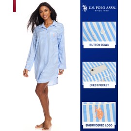 U.S. Polo Assn. Womens Sleep Shirts Button Down 2-Pack, Woven Nightgowns for Women, Night Shirts (Vista Blue/Peach, Medium)